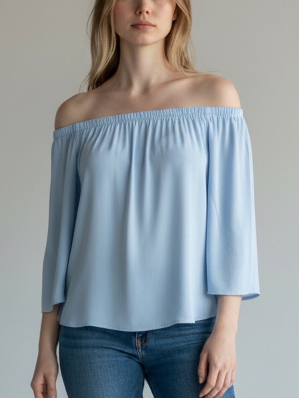 Soprano Light Baby Blue Off-The-Shoulder 3/4 Sleeve Top Medium